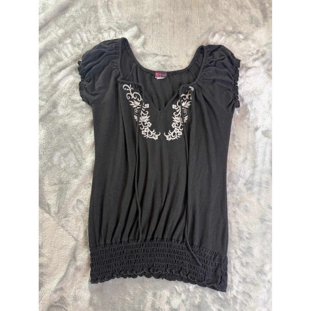 Y2K Agenda Blouse 2000s Womens M Black Embroidered Short Sleeve Smocked